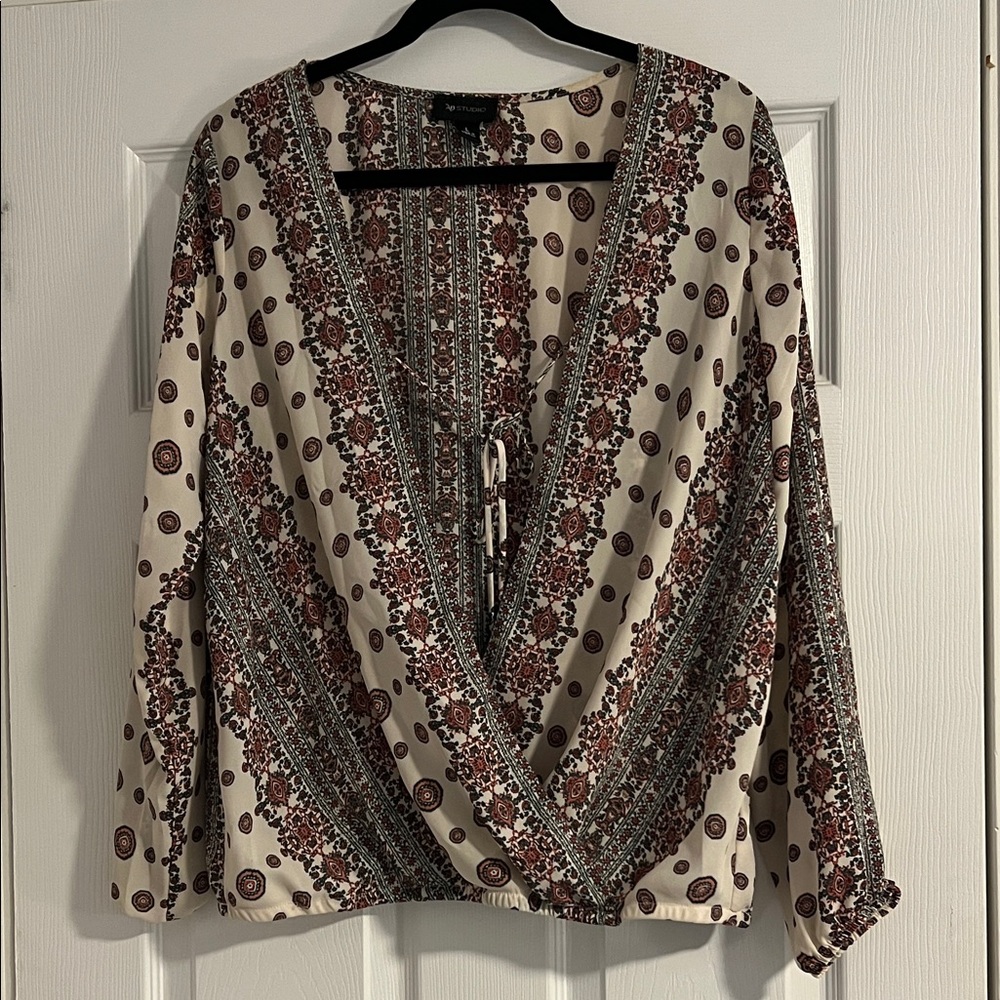 AB Studio Bohemian Print Blouse - Cream and Brown
